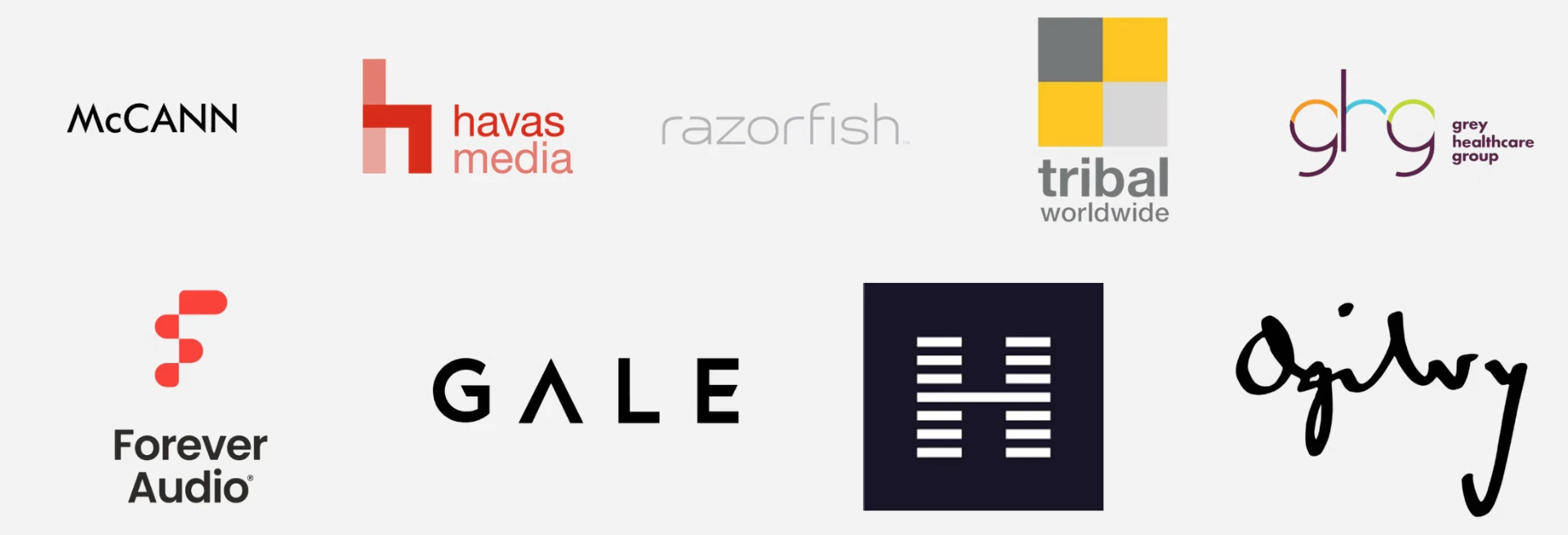 Selected clients: McCann, Havas Media, Razorfish, Tribal Worldwide, Grey Healthcare Group, Hogarth Worldwide, Forever Audio, GALE, Ogilvy